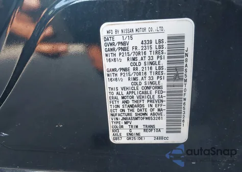 2015 Nissan Rogue Select S из США, поврежденный, VIN JN8AS5MT0FW653261